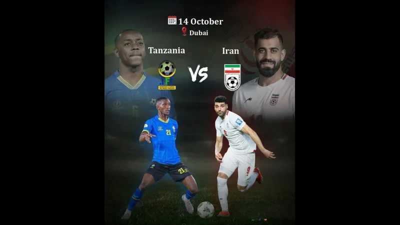 Cầu thủ Iran với sự quyết tâm chạy nhanh vượt qua hậu vệ Tanzania trên sân cỏ